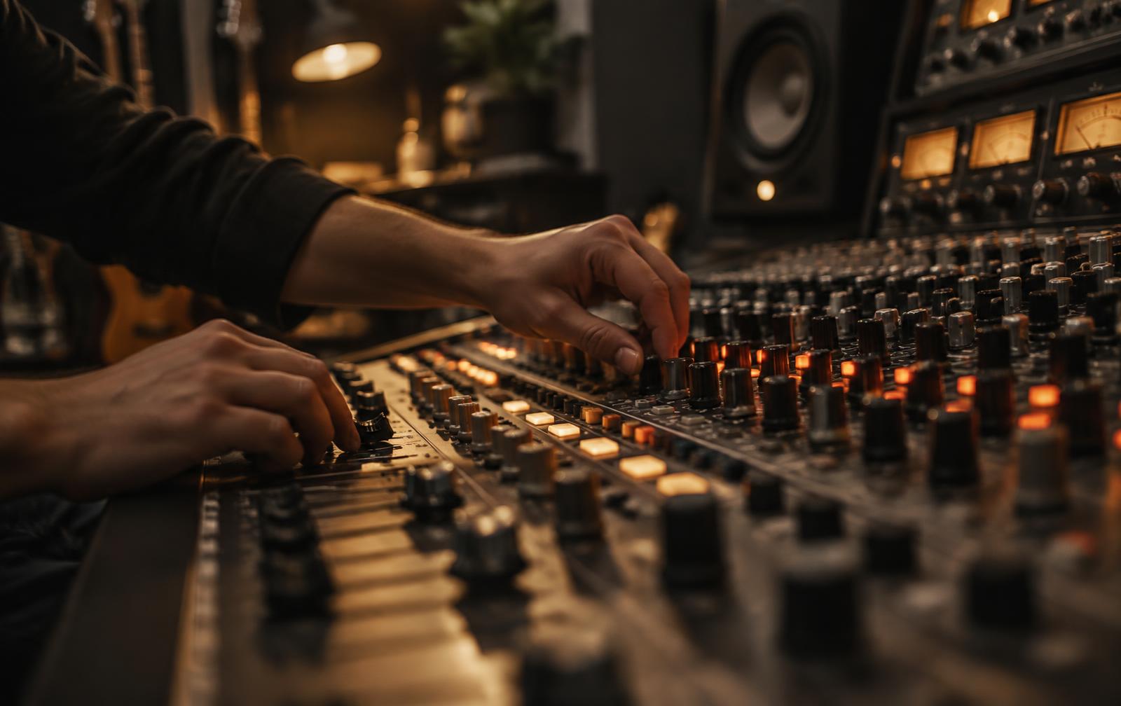 Hands working at an analog studio mixing console